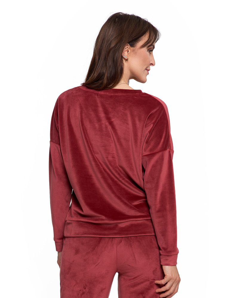 Bluzy - Bluza damska welurowa klasyczna z dekoltem V BORDOWY - produkt moraj.pl 2