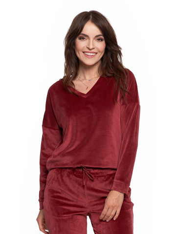 Bluzy - Bluza damska welurowa klasyczna z dekoltem V BORDOWY - produkt 4