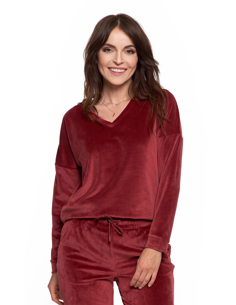 Bluzy - Bluza damska welurowa klasyczna z dekoltem V BORDOWY - produkt moraj.pl 4