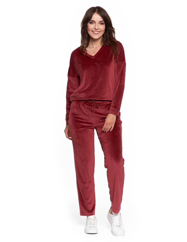 Bluzy - Bluza damska welurowa klasyczna z dekoltem V BORDOWY - produkt moraj.pl 7