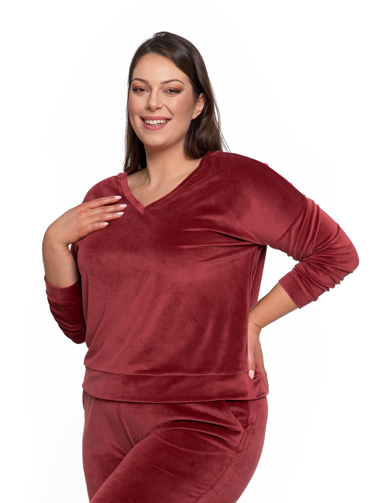 Bluzy - Bluza damska welurowa klasyczna z dekoltem V BORDOWY - produkt moraj.pl 12