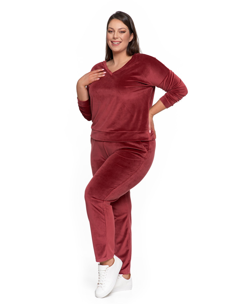 Bluzy - Bluza damska welurowa klasyczna z dekoltem V BORDOWY - produkt moraj.pl 15