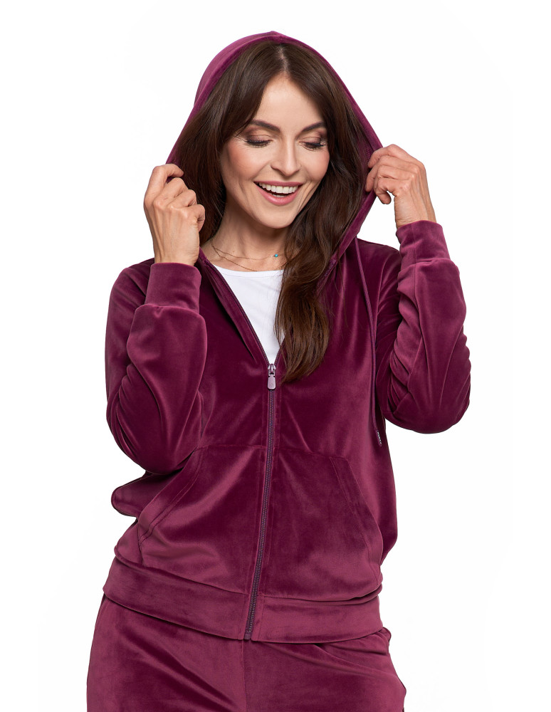 Bluzy - Bluza damska welurowa rozpinana z kapturem i kieszeniami FIOLETOWY - produkt moraj.pl 4