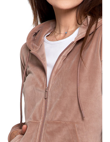 Bluzy - Bluza damska welurowa rozpinana z kapturem i kieszeniami MOKKA - produkt 3