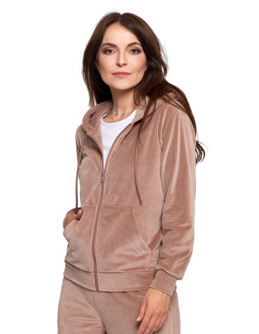 Bluzy - Bluza damska welurowa rozpinana z kapturem i kieszeniami MOKKA - produkt 5