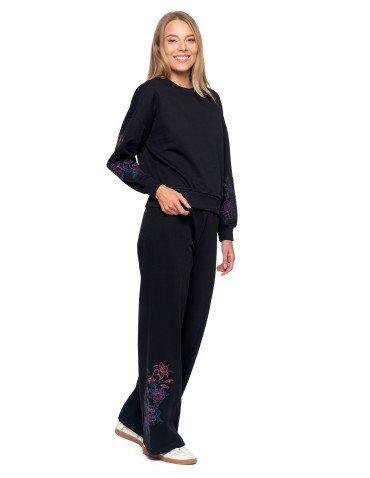 Bluzy - Bluza dresowa damska ocieplana luźna z haftowanymi rękawami CZARNY - produkt 1