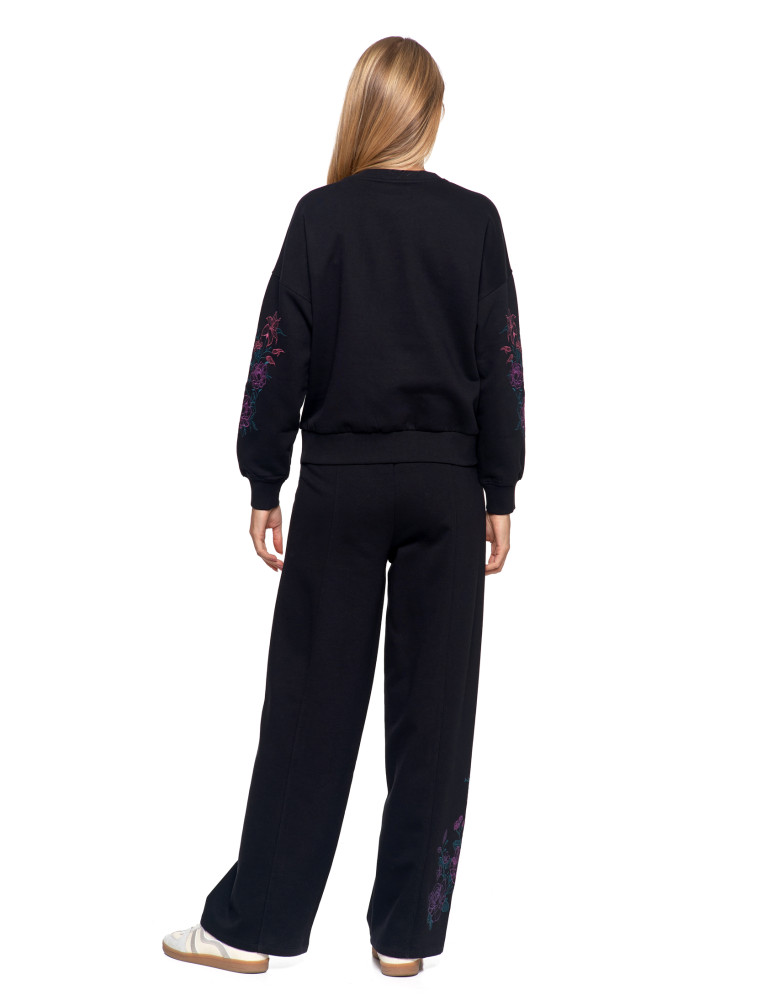 Bluzy - Bluza dresowa damska ocieplana luźna z haftowanymi rękawami CZARNY - produkt moraj.pl 2