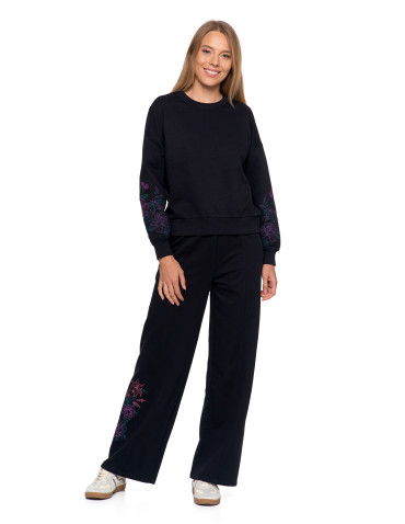 Bluzy - Bluza dresowa damska ocieplana luźna z haftowanymi rękawami CZARNY - produkt 4