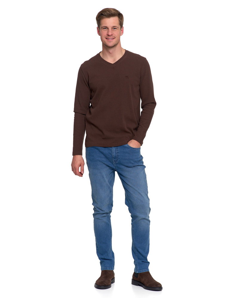 Koszulki, topy, koszule - Koszulka męska longsleeve z dekoltem w serek i haftem BRĄZOWY - produkt moraj.pl 1