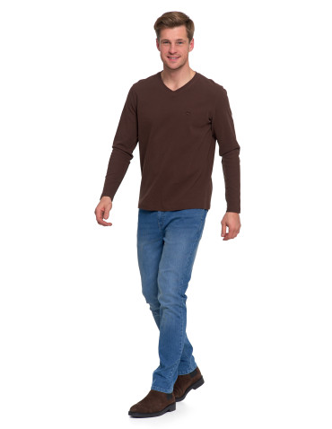 Koszulki, topy, koszule - Koszulka męska longsleeve z dekoltem w serek i haftem BRĄZOWY - produkt 2