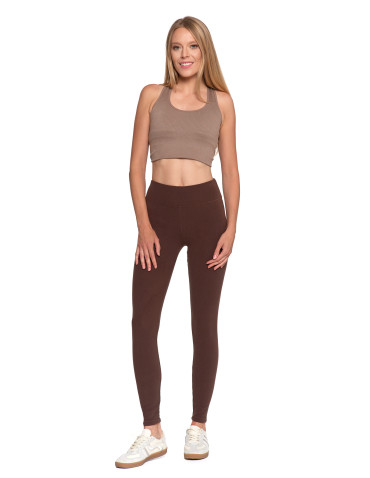 Legginsy - Legginsy damskie prążkowane z wysokim stanem BRĄZOWY - produkt 1
