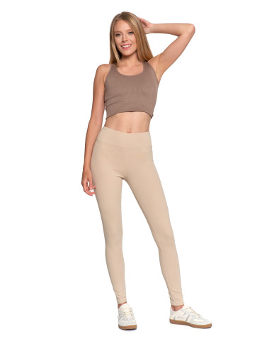 Legginsy - Legginsy damskie prążkowane z wysokim stanem BEŻOWY - produkt 1