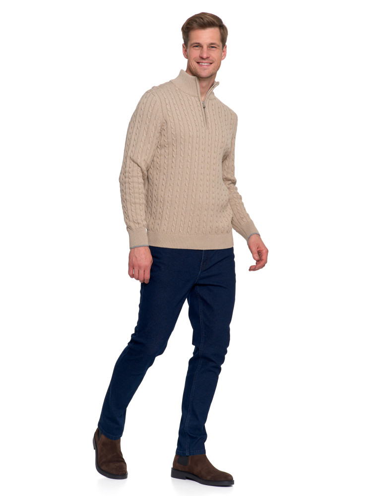 Swetry - Męski sweter dzianinowy z półgolfem i zamkiem BEŻOWY - produkt moraj.pl 1