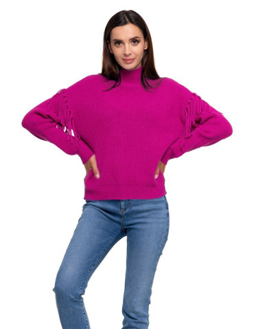 Swetry - Sweter damski półgolf z frędzlami RÓŻOWY - produkt 3