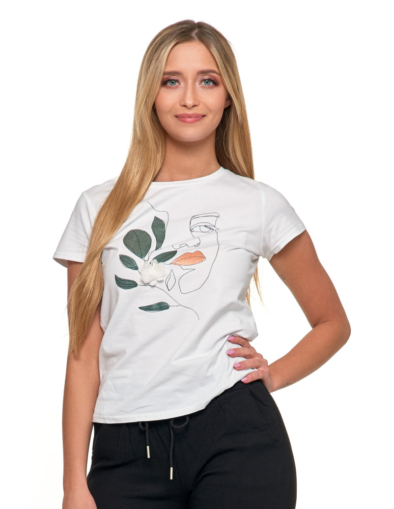 Koszulki i topy - Koszulka damska T-shirt z wzorem twarzy i kwiatkiem Slimfit BIAŁY - produkt moraj.pl 1