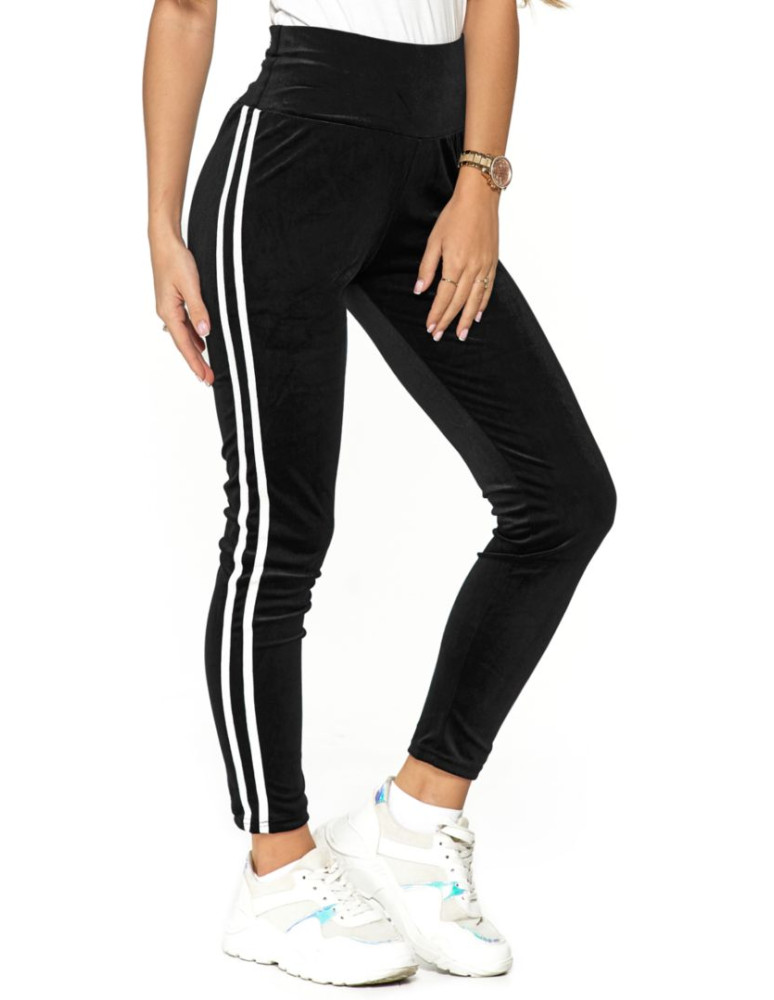 Legginsy - Legginsy damskie welurowe z lampasem CZARNY - produkt moraj.pl 2