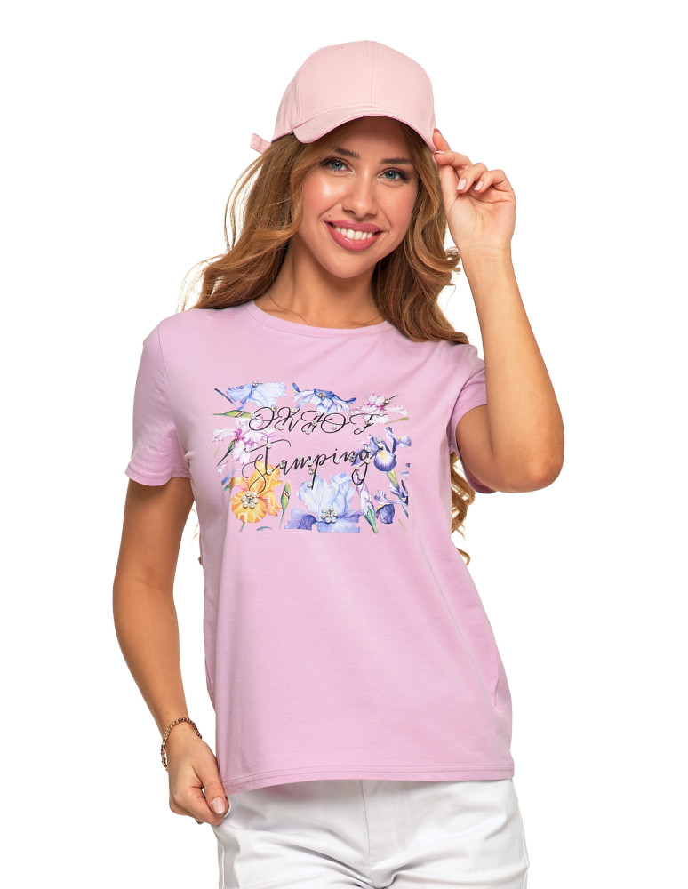 Bluzki i koszule - Koszulka damska T-shirt w kwiatowy wzór z perełkami RÓŻOWY - produkt moraj.pl 1