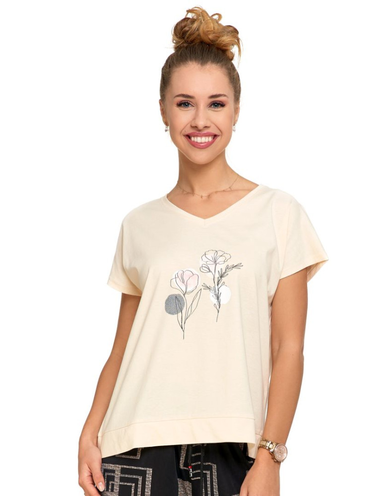 Koszulki i topy - Koszulka damska T-shirt oversize w kwiatowy motyw KREMOWY - produkt moraj.pl 1