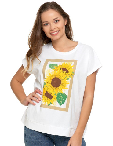 Koszulki i topy - Koszulka damska T-shirt oversize ze słonecznikami BIAŁY - produkt 1