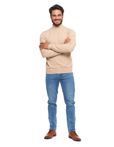 Swetry - Sweter męski półgolf o klasycznym kroju BEŻOWY - produkt 6