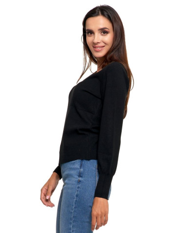Swetry - Sweter damski wiskozowy z dekoltem w serek CZARNY - produkt 3