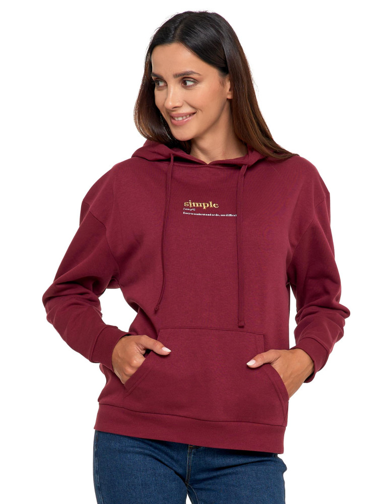 Bluzy - Bluza damska z kapturem i haftowanym napisem BORDOWY - produkt moraj.pl 1