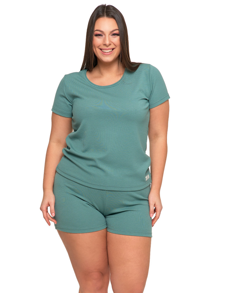 Krótki rękaw - Piżama damska wiskozowa z krótkim rękawem w prążek Plus Size ZIELONY - produkt moraj.pl 1