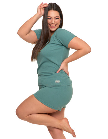 Krótki rękaw - Piżama damska wiskozowa z krótkim rękawem w prążek Plus Size ZIELONY - produkt 9