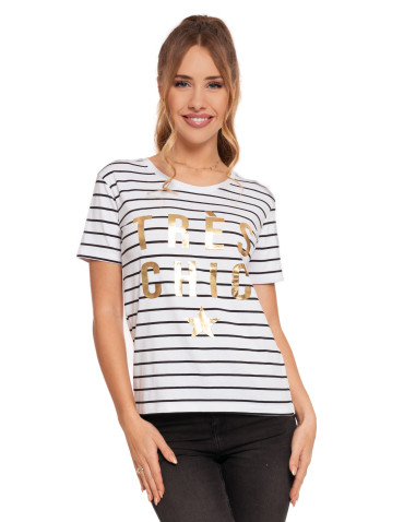 Koszulki i topy - T-shirt damski koszulka w paski ze złotym nadrukiem BIAŁY - produkt 1