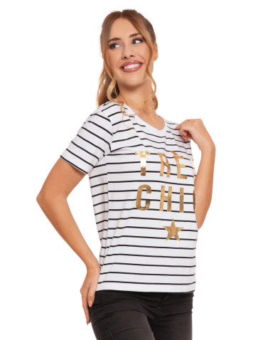 Koszulki i topy - T-shirt damski koszulka w paski ze złotym nadrukiem BIAŁY - produkt 6