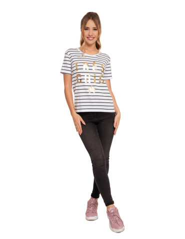 Koszulki i topy - T-shirt damski koszulka w paski ze złotym nadrukiem BIAŁY - produkt 8