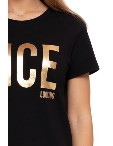 Koszulki i topy - Koszulka T-shirt damski z błyszczącym nadrukiem CZARNY - produkt 4