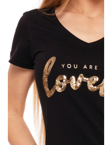 Koszulki i topy - T-shirt damski z dekoltem w serek i cekinami CZARNY - produkt 4