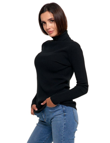 Swetry - Prążkowany sweter damski golf z długim rękawem CZARNY - produkt 2