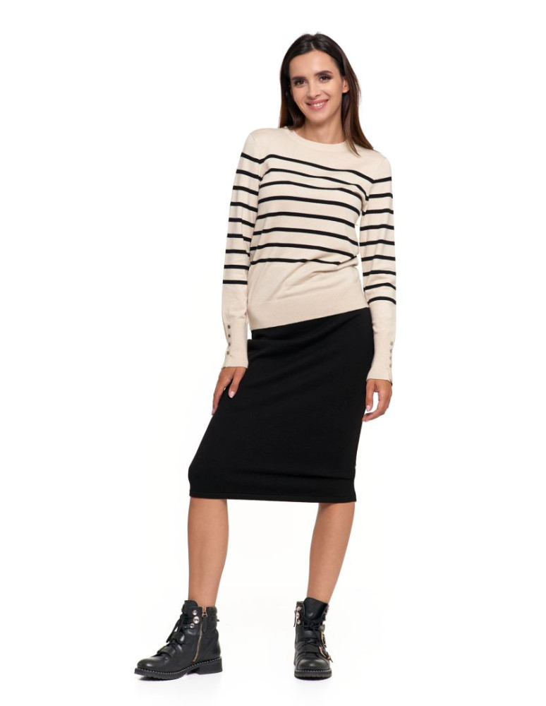 Swetry - Damski sweter w paski dzianinowy z ozdobnymi guzikami KREMOWY - produkt moraj.pl 7