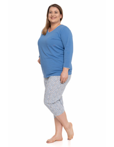 Długi rękaw - Piżama damska bawełniana z spodniami 3/4 w kwiaty Plus Size GRANATOWY - produkt 1