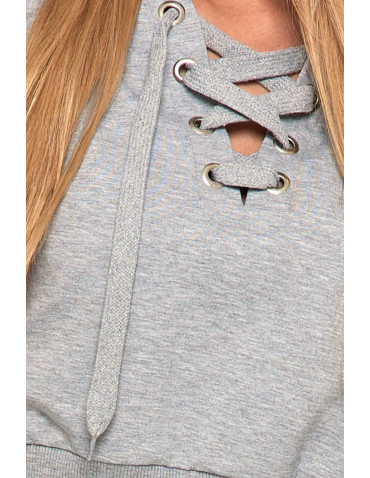 Bluzy - Bluza dresowa damska crop-top z kapturem i wiązaniem SZARY - produkt 4