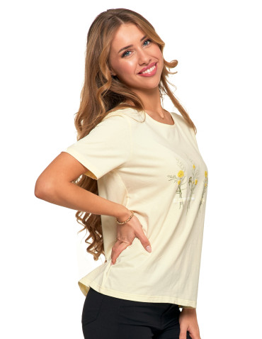 Koszulki i topy - Koszulka damska krótki rękaw bawełniana wzór kwiaty T-shirt ŻÓŁTY - produkt 2