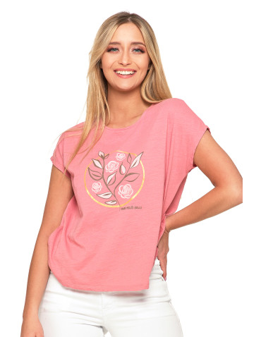 Koszulki i topy - Koszulka damska T-shirt w kwiaty krótki rękaw RÓŻOWY - produkt 1