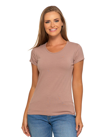Koszulki i topy - T-shirt damski bawełniany z krótkim rękawkiem jednokolorowy MOKKA - produkt 1
