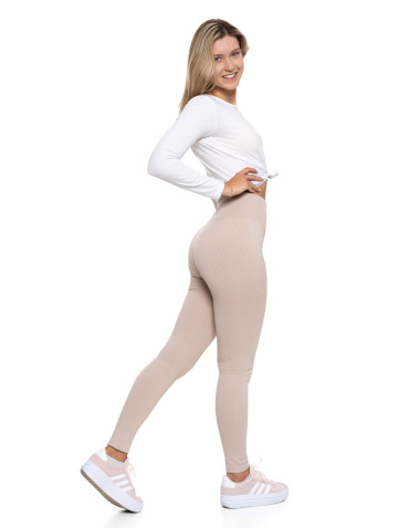 Legginsy - Legginsy damskie z wysokim stanem prążkowane sportowe BEŻOWY - produkt 3