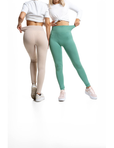 Legginsy - Legginsy damskie z wysokim stanem prążkowane sportowe BEŻOWY - produkt 6