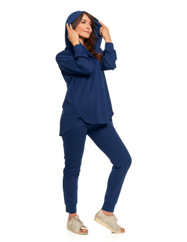 Bluzy - Damska bluza oversize z kapturem i dekoltem w serek GRANATOWY - produkt 12