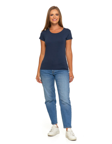 Koszulki i topy - T-shirt damski bawełniany z krótkim rękawkiem jednokolorowy GRANATOWY - produkt 5
