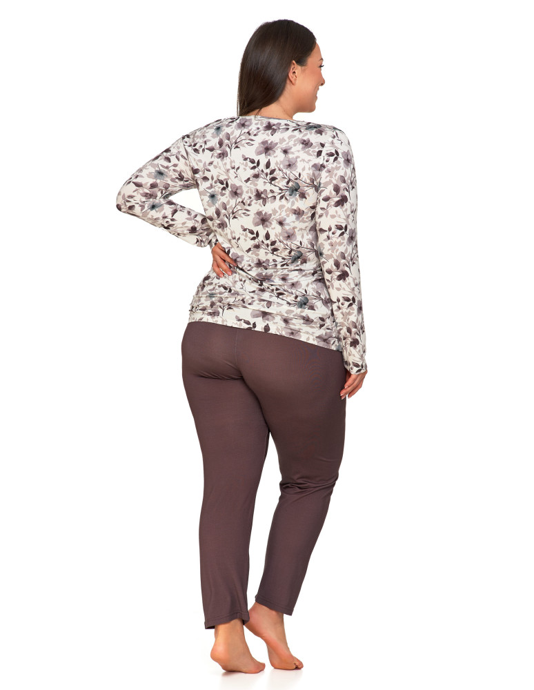 Długi rękaw - Damska piżama Plus Size z kwiatową buzką i długimi spodniami BEŻOWY - produkt moraj.pl 4