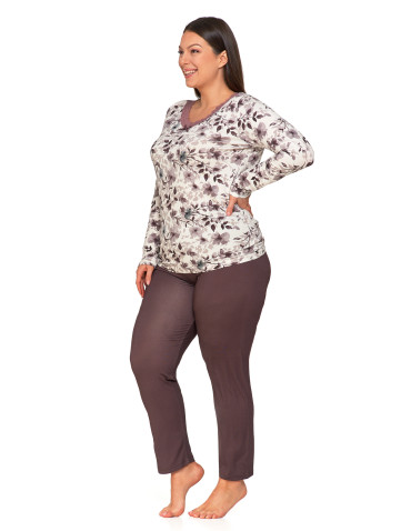 Długi rękaw - Damska piżama Plus Size z kwiatową buzką i długimi spodniami BEŻOWY - produkt 1
