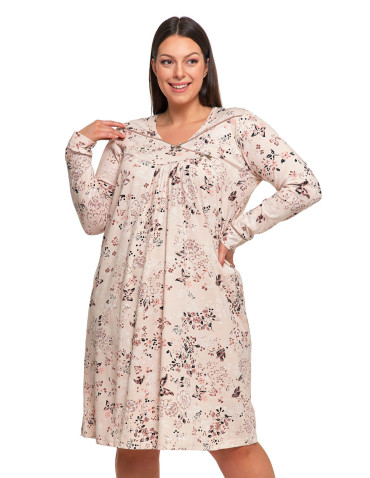 Koszule nocne - Damska koszula nocna Plus Size bawełniana w kwiaty BEŻOWY - produkt 1