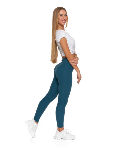 Legginsy - Damskie legginsy z wysokim stanem i prążkowaną strukturą ZIELONY - produkt 3