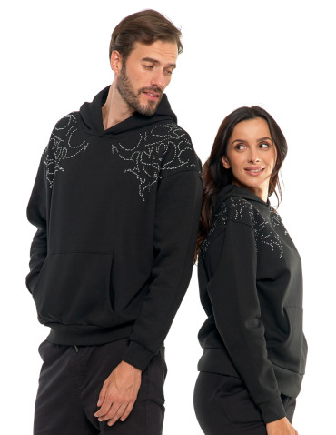 Bluzy - Bluza unisex z kapturem i cyrkoniami ocieplana CZARNY - produkt 1