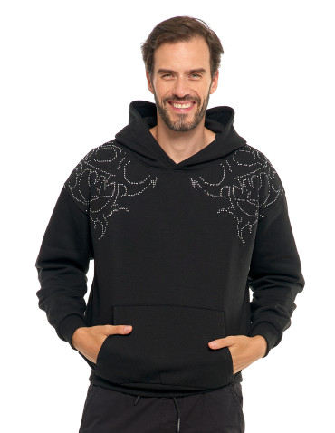 Bluzy - Bluza unisex z kapturem i cyrkoniami ocieplana CZARNY - produkt 3